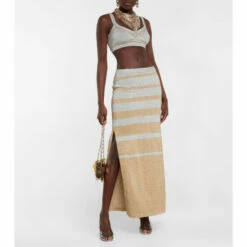 Paco Rabanne Striped Metallic Knit Maxi Skirt