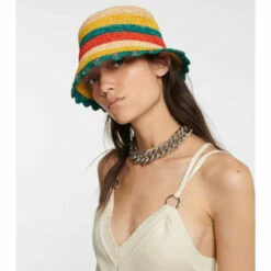 Paco Rabanne Embellished Striped Raffia Bucket Hat